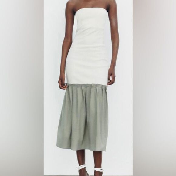 Zara, NWOT women’s contrast color pleated tube top dress size small - Picture 2 of 6